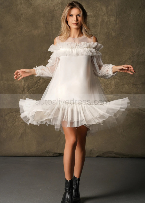 Ivory Tulle Mini Party Dress With Ruffles